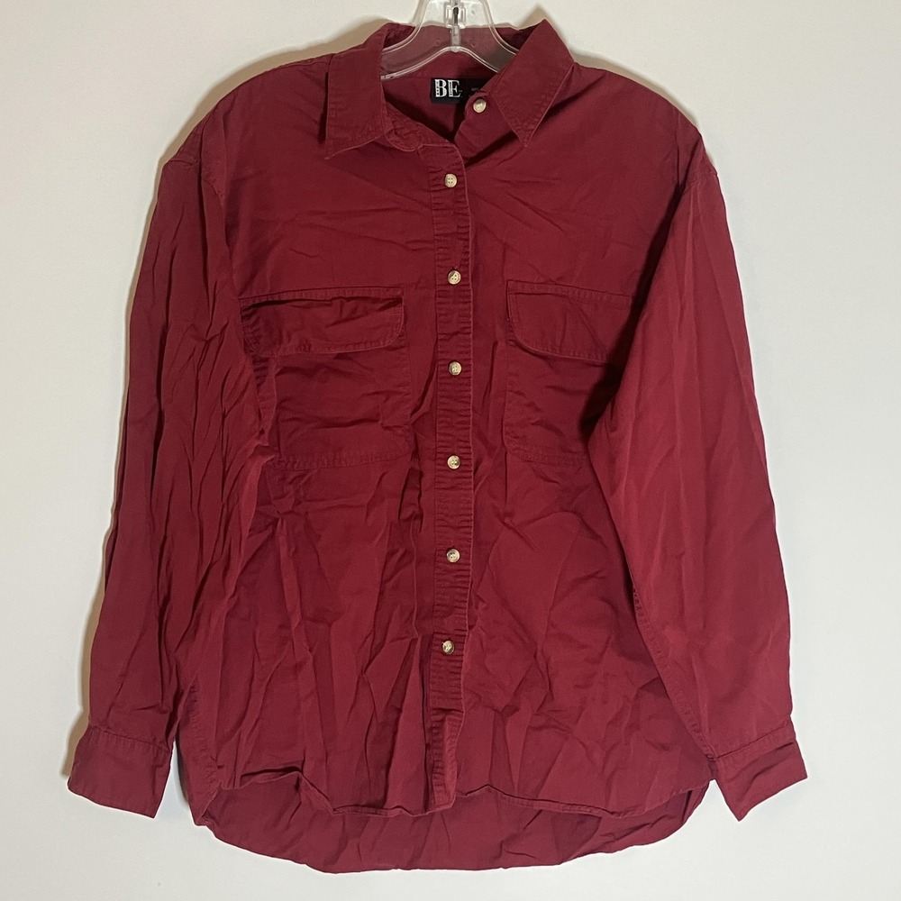 Basic Editions Top Womens Medium Red Burgundy Button Up Double Chest Pockets VTG